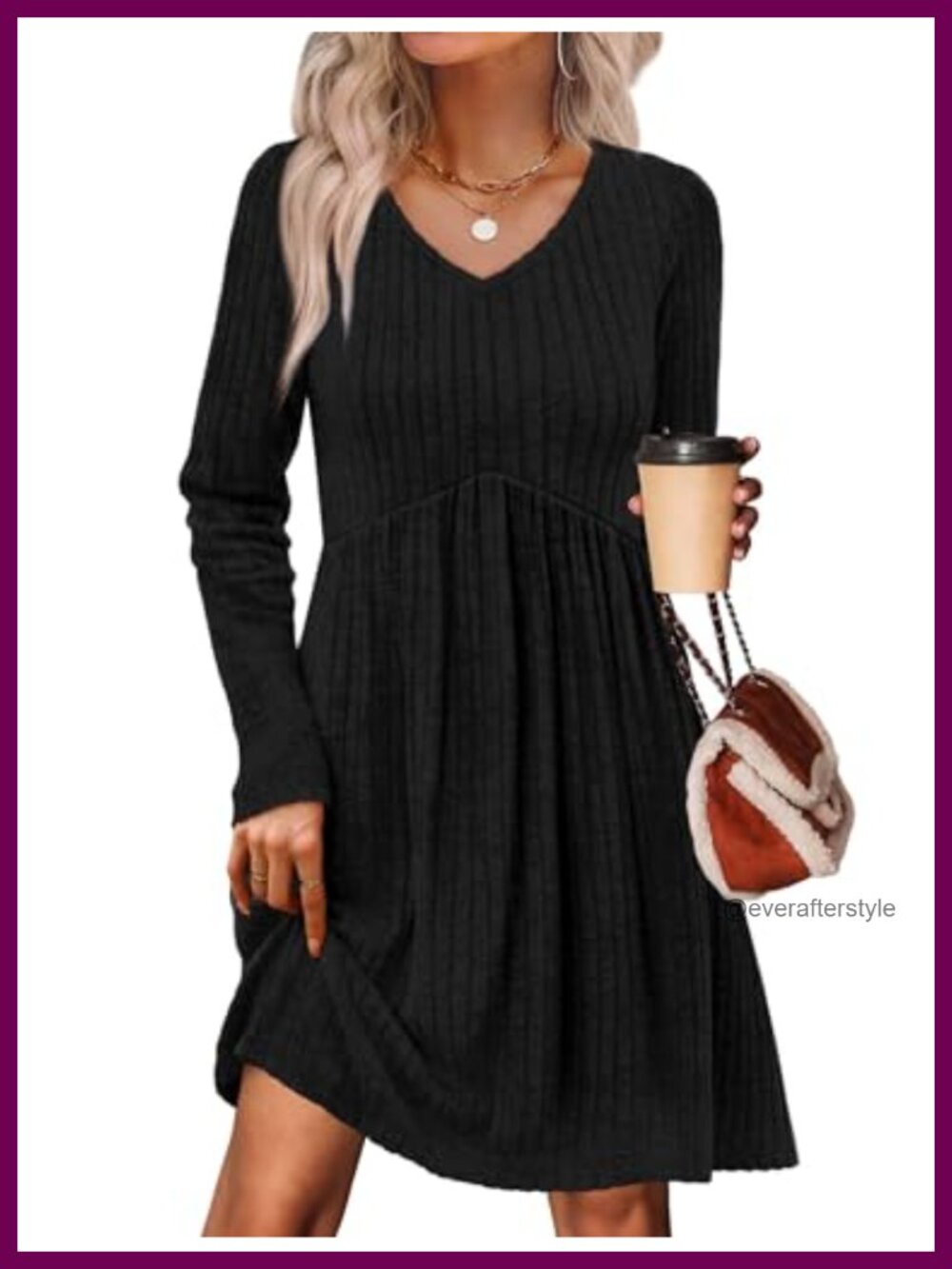V Neck Long Sleeve Babydoll Sweater Dress with Pockets